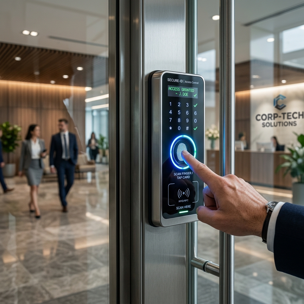 Premium modern UAE corporate entrance with access-control reader